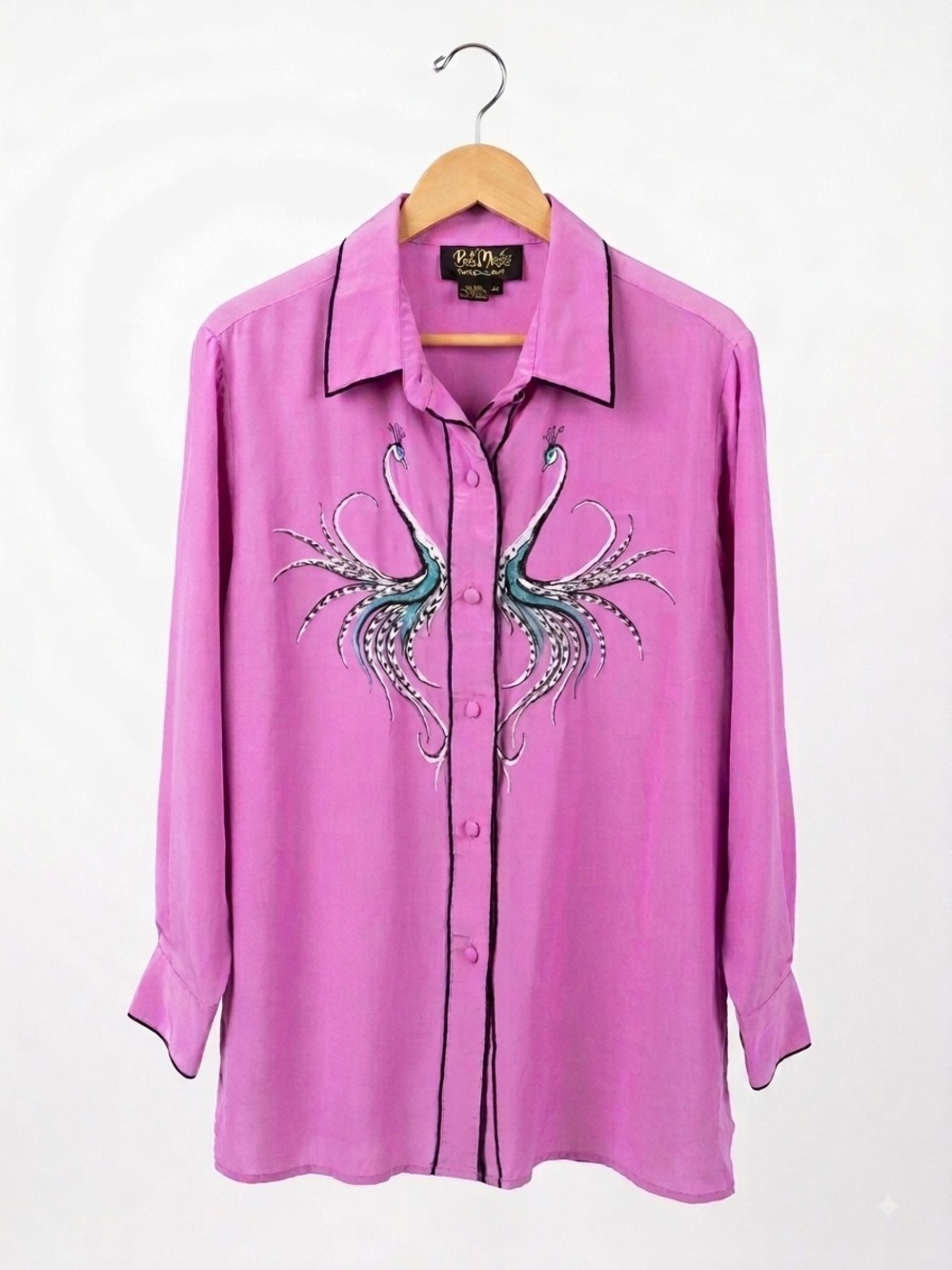 Vintage Bob Mackie 100% Silk Embroidered Peacock Motif button Down